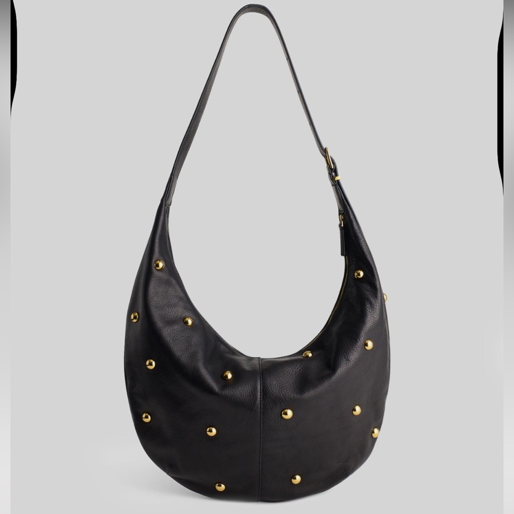 NEW Madewell The Essential Curve Shoulder Bag Black leather gold studs NW351 - Picture 3 of 15
